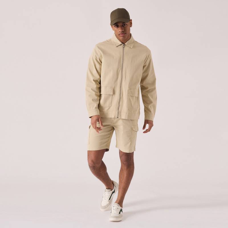 Beige Baumwoll-Cargo-Jacke Herrenjacke Mit Reißverschluss Vorne von JMOJOBoutique