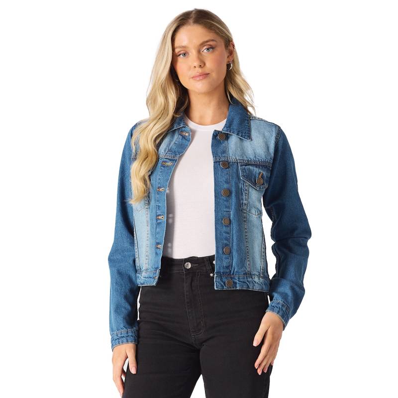 Damen Denim Trucker Jacke Mid Blue Wash, 100% Baumwolle Damen Denim Trucker Jacke Mid Blue Wash, 100% Baumwolle von JMOJOBoutique