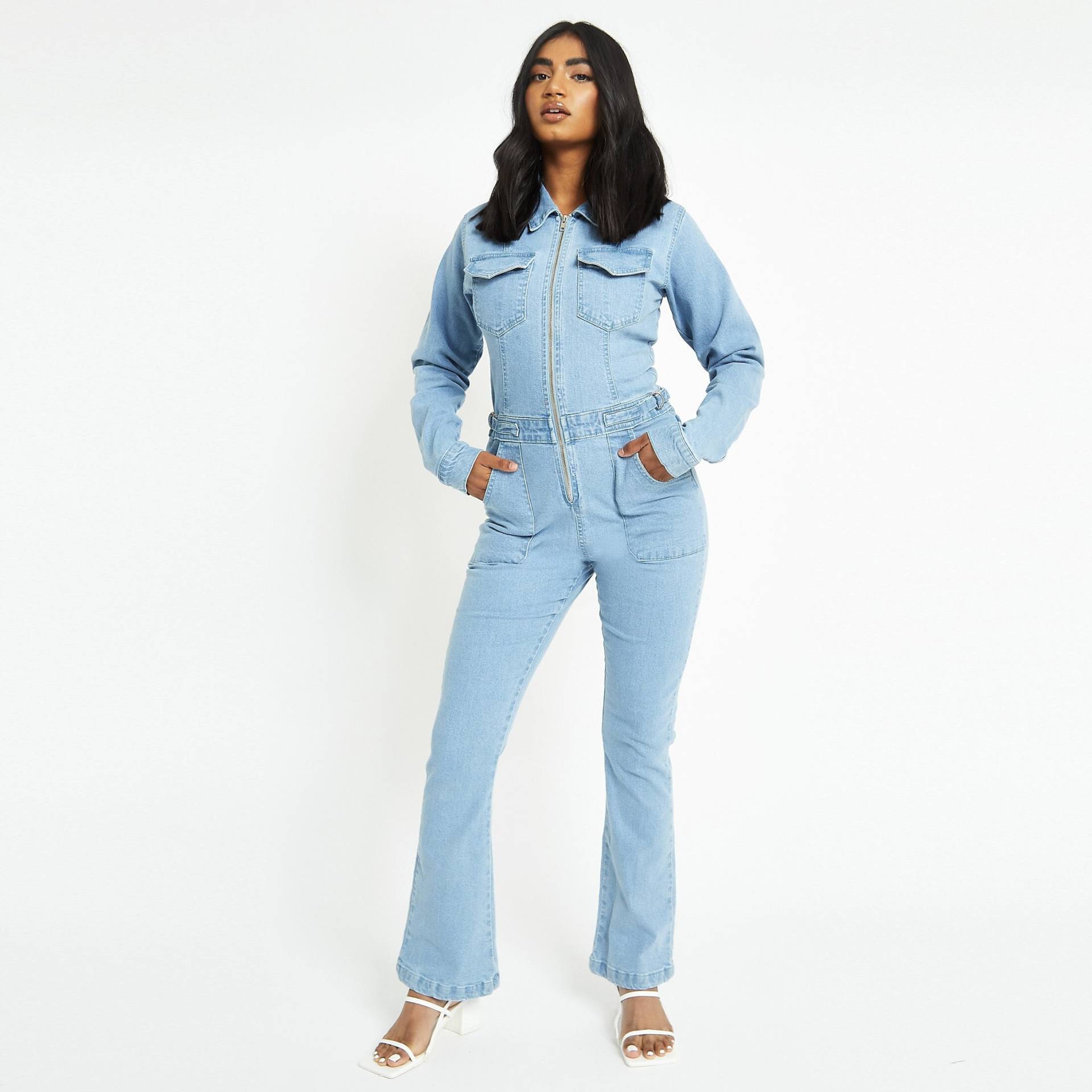 Damen Langarm Denim Overall Light Blue Wash | Latzhose Jumpsuit Weites Bein Jeans-Overall von JMOJOBoutique