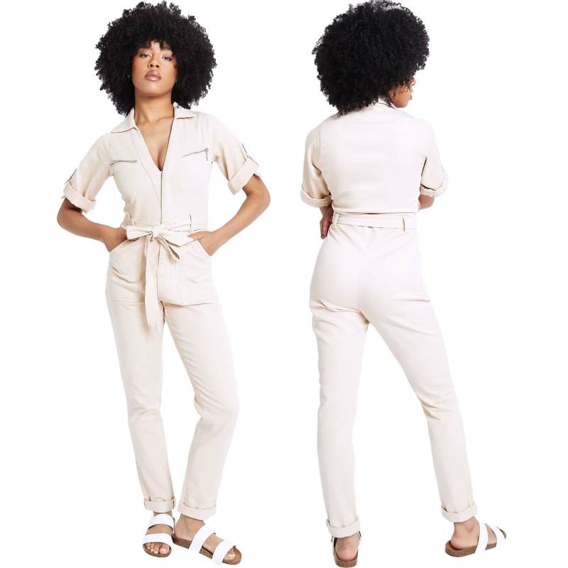 Ecru Denim Jumpsuit Mit Gürtel Reißverschluss Vorne Baumwollmischung von JMOJOBoutique