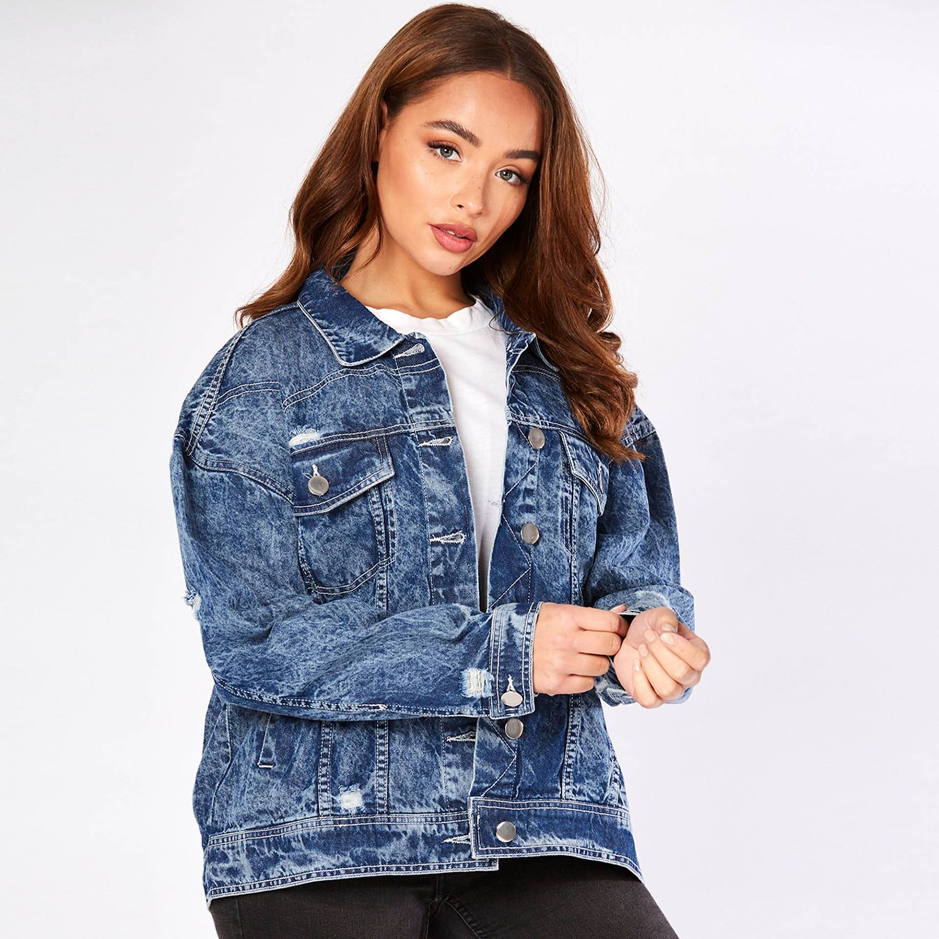 Frauen Jacke Oversized Distressed Mid Blue Acid Wash | Jeansjacke Techwear Geschenke von JMOJOBoutique