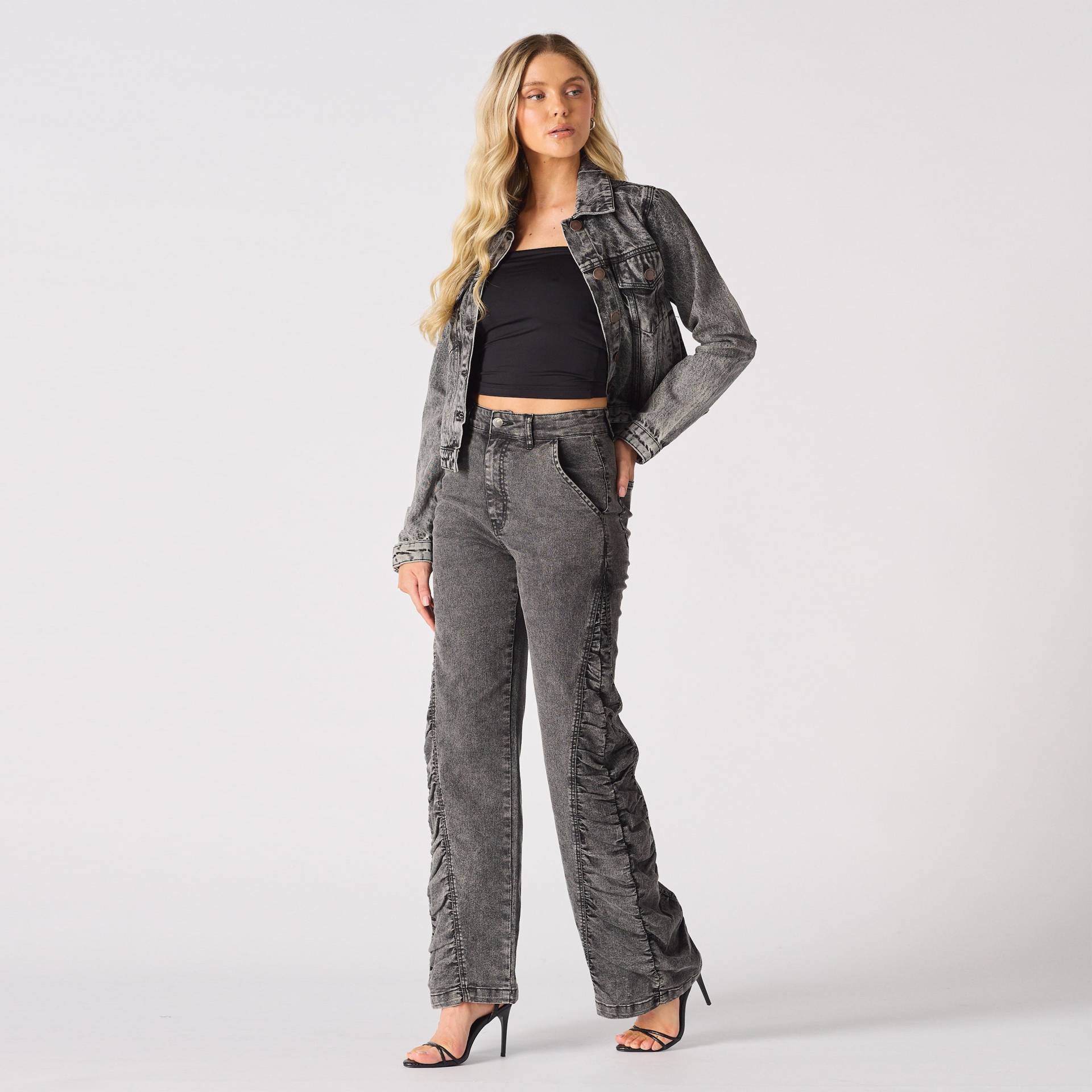 Geraffte Grey Wash Jeans Mit Weitem Bein Hoch Taillierte Flare Denim Geraffte Grey Wash Jeans Mit Weitem Bein Hoch Taillierte Flare Denim von JMOJOBoutique
