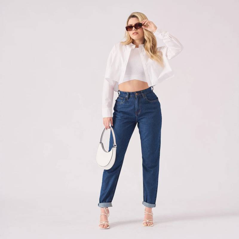 Hoch Taillierte Mom Jeans Mid Blue Wash Denim, Entspannte Passform Hoch Taillierte Mom Jeans Mid Blue Wash Denim, Entspannte Passform von JMOJOBoutique