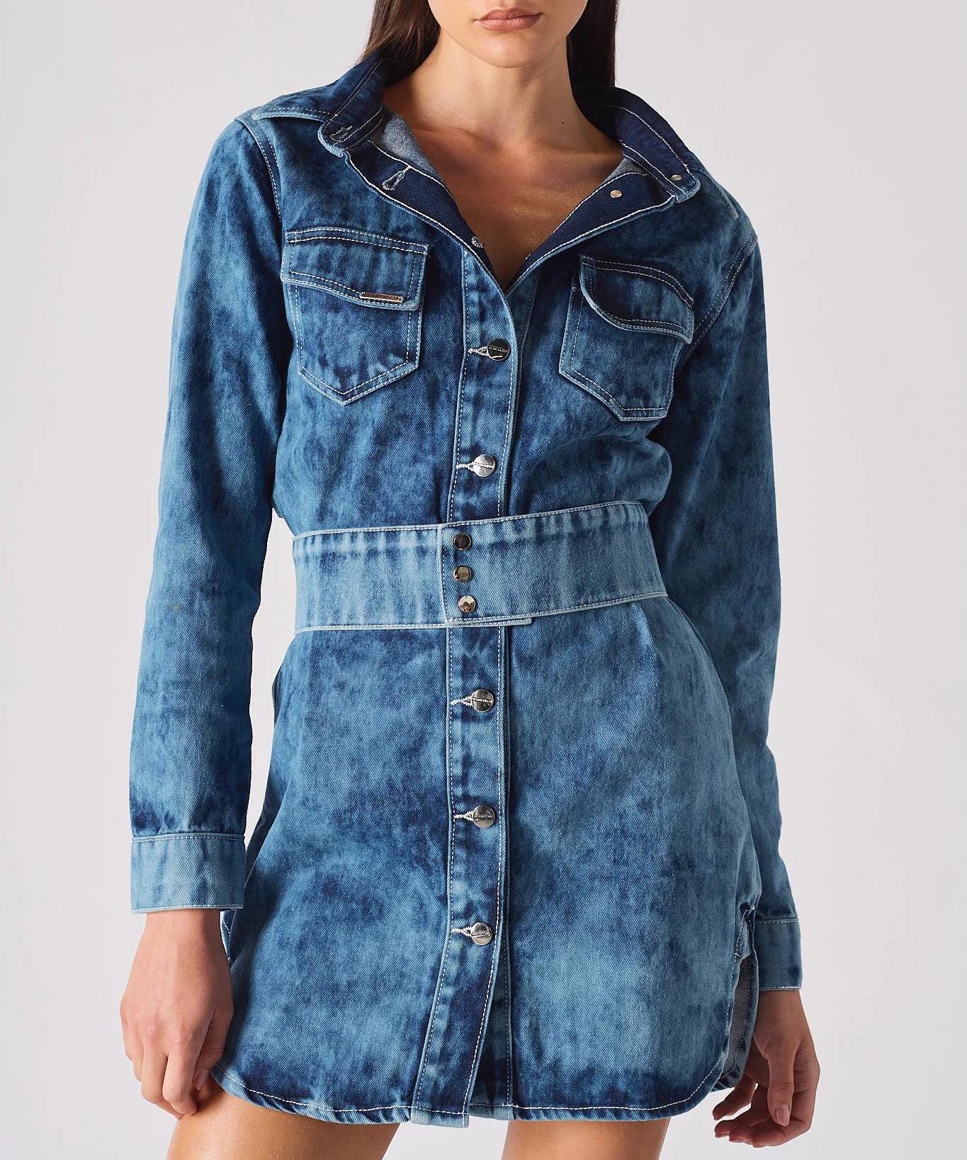 Jeanskleid Mit Gürtel | Blue Wash & Grau Oder Acid Damen Kleid Druckknopf Sommerliches Jeans Party-Shirt-Kleid von JMOJOBoutique