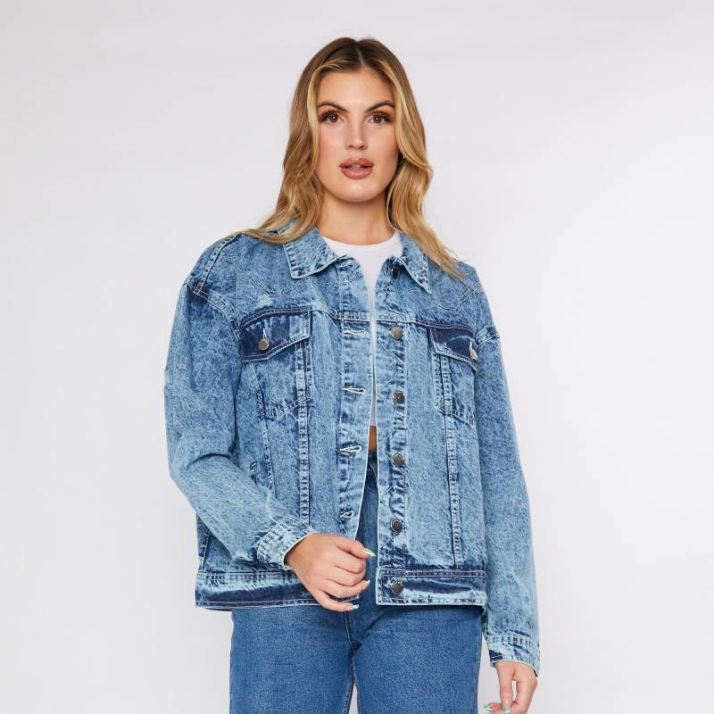 Übergroße Distressed Jeansjacke Hellblaue Acid Wash, 100% Baumwolle Übergroße Distressed Jeansjacke Hellblaue Acid Wash, 100% Baumwolle von JMOJOBoutique