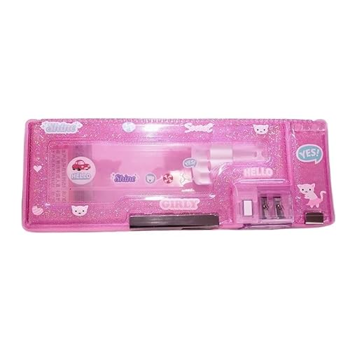 JMORCO Federmäppchen Transparente Laser-Bunte Multifunktions-Briefpapier-Stiftbox, niedliches doppelseitiges Aufbewahrungs-Federmäppchen mit Spitzer (Color : Pink) von JMORCO