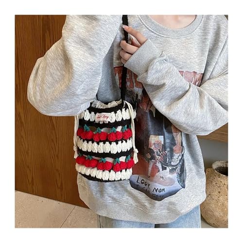 JMORCO Gehäkelte Tasche Handgemachte Tulpengewebte Tasche Blumenhäkelarbeit Gestrickte Tasche Freizeit Blumen String Bucket Bag Schulter Umhängetasche(Black) von JMORCO