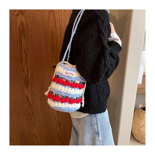 JMORCO Gehäkelte Tasche Handgemachte Tulpengewebte Tasche Blumenhäkelarbeit Gestrickte Tasche Freizeit Blumen String Bucket Bag Schulter Umhängetasche(Blue) von JMORCO