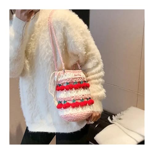 JMORCO Gehäkelte Tasche Handgemachte Tulpengewebte Tasche Blumenhäkelarbeit Gestrickte Tasche Freizeit Blumen String Bucket Bag Schulter Umhängetasche(Pink) von JMORCO