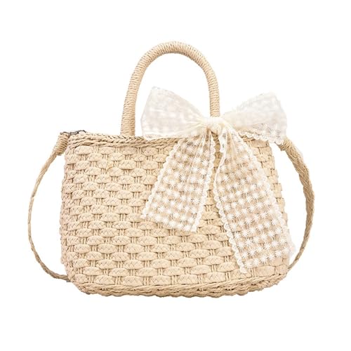 JMORCO Strohtaschen Lace Bow Damen Handtaschen Woven Herbaceous Umhängetaschen Frische Umhängetaschen Straw Horzontal Square Bags (Color : Beige) von JMORCO