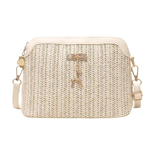 JMORCO Strohtaschen Sommer-Stroh-Crossbody-Taschen for Frauen, handgefertigt, gewebte Shell-Tasche, weiches PU-Leder, weibliche Strand-Umhängetasche (Color : Beige B, Size : 23X16.5X11cm) von JMORCO