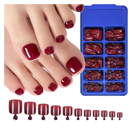 Nägel Zum Aufkleben 100PC Red Color Press on Toenails Full Cover Soild/Clear/White Short Square Fake Toes Nails False Nail Tips for Women Feet Decor(Color1) von JMORCO
