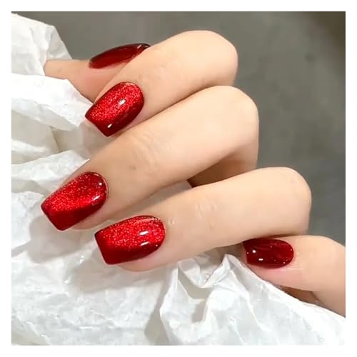 Nägel Zum Aufkleben Fake Nails Square Head Cat's Eye French Nail Glitter Powder Press on Nails Waterproof Faux Fingernails Christmas False Nails(Color13) von JMORCO