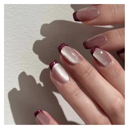 Nägel Zum Aufkleben Fake Nails Square Head Cat's Eye French Nail Glitter Powder Press on Nails Waterproof Faux Fingernails Christmas False Nails(Color14) von JMORCO