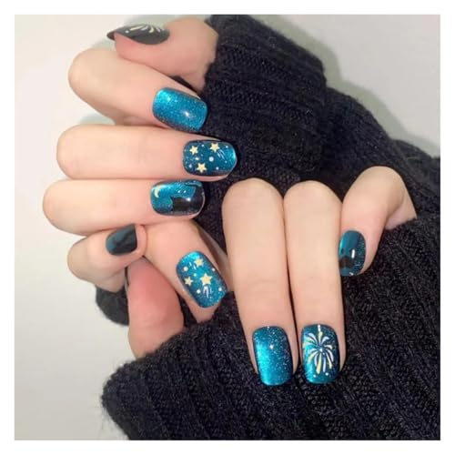 Nägel Zum Aufkleben Fake Nails Square Head Cat's Eye French Nail Glitter Powder Press on Nails Waterproof Faux Fingernails Christmas False Nails(Color16) von JMORCO