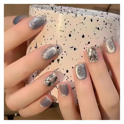Nägel Zum Aufkleben Fake Nails Square Head Cat's Eye French Nail Glitter Powder Press on Nails Waterproof Faux Fingernails Christmas False Nails(Color18) von JMORCO