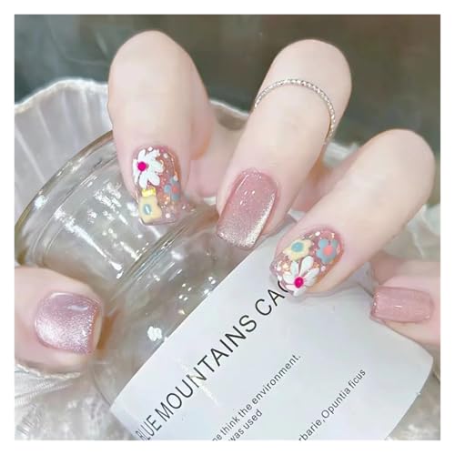 Nägel Zum Aufkleben Fake Nails Square Head Cat's Eye French Nail Glitter Powder Press on Nails Waterproof Faux Fingernails Christmas False Nails(Color27) von JMORCO