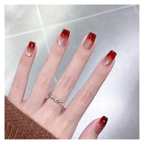 Nägel Zum Aufkleben Fake Nails Square Head Cat's Eye French Nail Glitter Powder Press on Nails Waterproof Faux Fingernails Christmas False Nails(Color34) von JMORCO