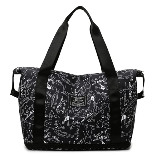 Reisetasche Große Kapazität Druck Reisetasche Frauen wasserdichte Weibliche Gepäck Tote Handtasche Duffle Wochenende Tasche Sport Schulter Tasche Reisetaschen (Color : Printed Black) von JMORCO