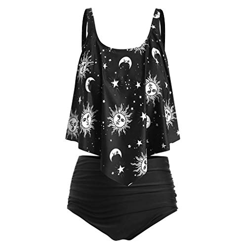 JMSUN Damen Zweiteiliger Tankini Mond Druck Rüschen Hohe Taille Tankini Set Badeanzug Übergröße Badeanzug, schwarz, XX-Large von JMSUN
