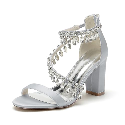 Brautschuhe Damen Offener Zeh Sandalen Reißverschluss Kristall Knöchelriemen Partei Abendschuhe,Silber,40 EU von JMdfcqer