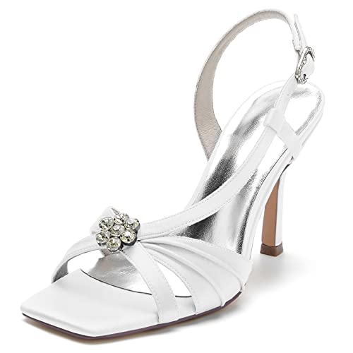 Brautschuhe Damen Quadratischer Zeh Stöckel Absatz Knöchelriemen Strass Hochzeit Kleid Sandalen,Weiß,40 EU von JMdfcqer