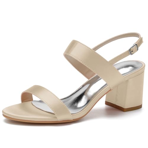 Brautschuhe Damen Runder Offener Zeh Sandalen Blockabsätze Hochzeit Brautjungfernschuhe,Champagne,39 EU von JMdfcqer
