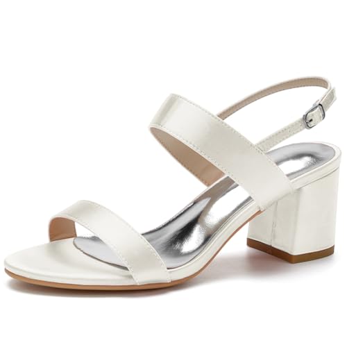 Brautschuhe Damen Runder Offener Zeh Sandalen Blockabsätze Hochzeit Brautjungfernschuhe,Elfenbein,39 EU von JMdfcqer