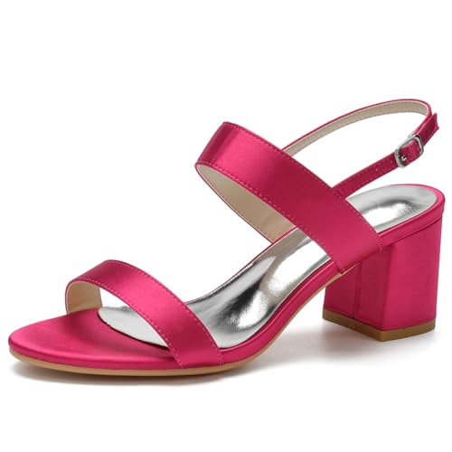 Brautschuhe Damen Runder Offener Zeh Sandalen Blockabsätze Hochzeit Brautjungfernschuhe,Fuchsia,42 EU von JMdfcqer