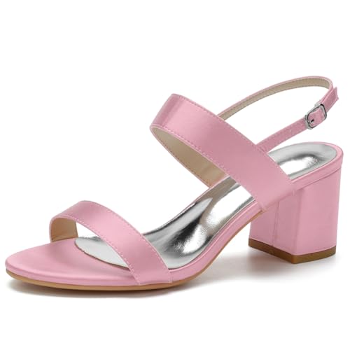 Brautschuhe Damen Runder Offener Zeh Sandalen Blockabsätze Hochzeit Brautjungfernschuhe,Rosa,39 EU von JMdfcqer
