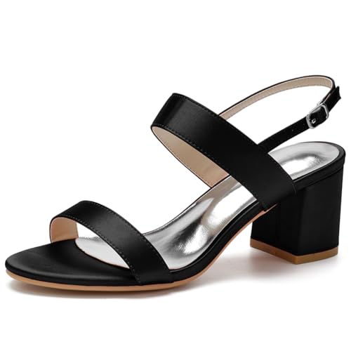 Brautschuhe Damen Runder Offener Zeh Sandalen Blockabsätze Hochzeit Brautjungfernschuhe,Schwarz,37 EU von JMdfcqer
