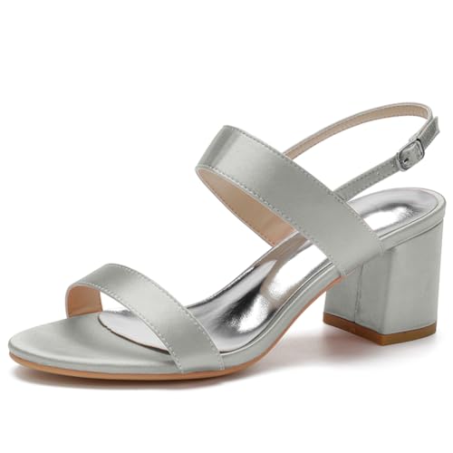 Brautschuhe Damen Runder Offener Zeh Sandalen Blockabsätze Hochzeit Brautjungfernschuhe,Silber,41 EU von JMdfcqer
