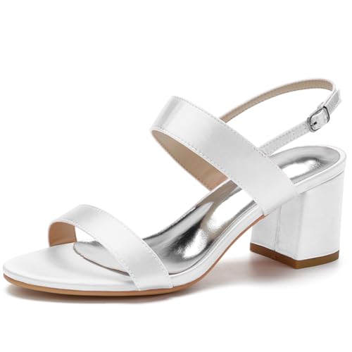 Brautschuhe Damen Runder Offener Zeh Sandalen Blockabsätze Hochzeit Brautjungfernschuhe,Weiß,40 EU von JMdfcqer