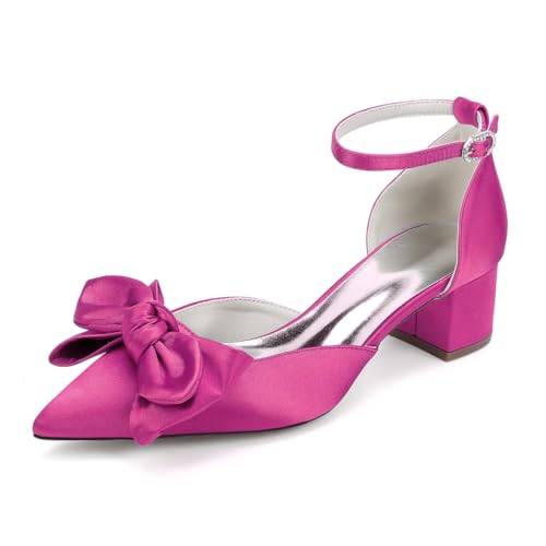 Brautschuhe Damen Spitzschuh Knöchelriemen Blockabsatz Pumpen Bequeme Hochzeit Brautjungfernschuhe mit Bogen,Fuchsia,36 EU von JMdfcqer