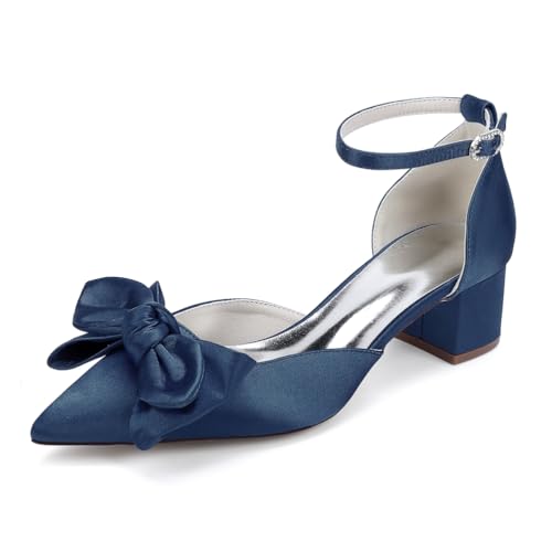 Brautschuhe Damen Spitzschuh Knöchelriemen Blockabsatz Pumpen Bequeme Hochzeit Brautjungfernschuhe mit Bogen,Marine,42 EU von JMdfcqer