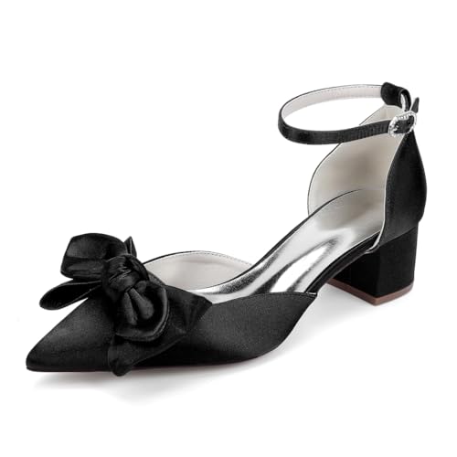 Brautschuhe Damen Spitzschuh Knöchelriemen Blockabsatz Pumpen Bequeme Hochzeit Brautjungfernschuhe mit Bogen,Schwarz,42 EU von JMdfcqer