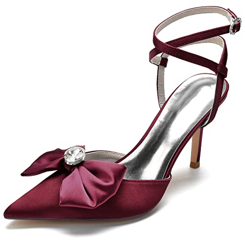 Damen Brautschuhe Kreuz Riemchen Spitze Zehen 8,5 cm Stöckel Absatz Satin Pumpen Sommerschuhe mit Bogen,Burgundy,39 EU von JMdfcqer