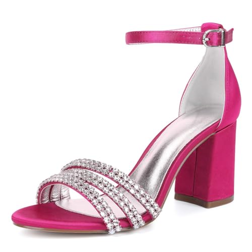 Damen Hochzeitsschuhe Blockabsatz mit Strass Offener Zehen Sandalen für Hochzeit Oder Abend,Fuchsia,42 EU von JMdfcqer