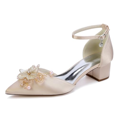 Damen Knöchelriemen Pumpen Spitzschuh 4.5CM Blockabsatz Brautschuhe mit Perle Bogen,Champagne,37 EU Damen Knöchelriemen Pumpen Spitzschuh 4.5CM Blockabsatz Brautschuhe mit Perle Bogen,Champagne,37 EU von JMdfcqer