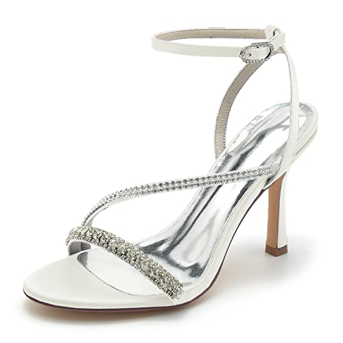 Damen Knöchelriemen Sommer Strass Offener Zeh Sandalen für Hochzeit Brautschuhe,Elfenbein,41 EU von JMdfcqer