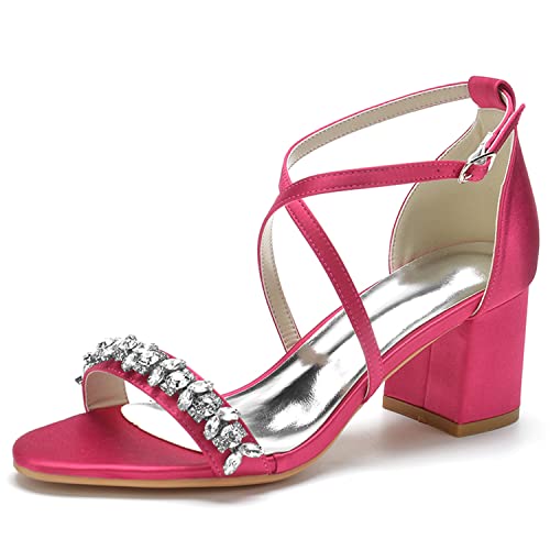 Damen Sandalen Offener Zeh Blockabsatz Kreuz Riemchen Sommer Partei Hochzeit Abendschuhe mit Strass,Fuchsia,36 EU von JMdfcqer