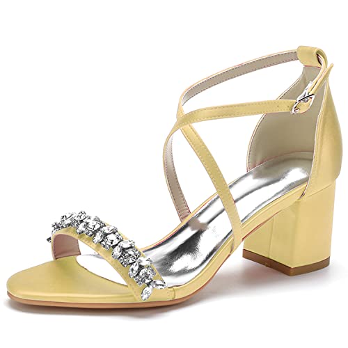 Damen Sandalen Offener Zeh Blockabsatz Kreuz Riemchen Sommer Partei Hochzeit Abendschuhe mit Strass,Gold,40 EU von JMdfcqer