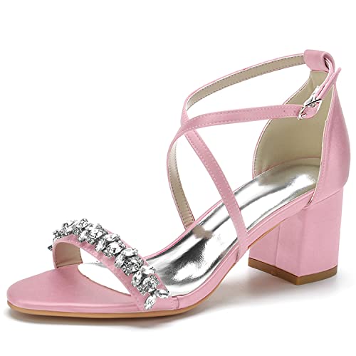 Damen Sandalen Offener Zeh Blockabsatz Kreuz Riemchen Sommer Partei Hochzeit Abendschuhe mit Strass,Rosa,40 EU von JMdfcqer