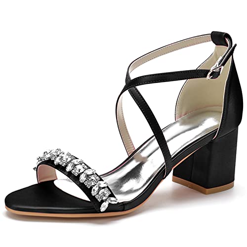 Damen Sandalen Offener Zeh Blockabsatz Kreuz Riemchen Sommer Partei Hochzeit Abendschuhe mit Strass,Schwarz,39 EU von JMdfcqer
