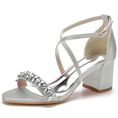 Damen Sandalen Offener Zeh Blockabsatz Kreuz Riemchen Sommer Partei Hochzeit Abendschuhe mit Strass,Silber,37 EU von JMdfcqer