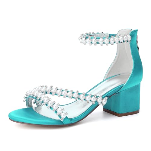 Damen Sandaletten mit Perle Blockabsatz und Offene Zehen Sommerschuhe Sandalen für Hochzeit Oder Abend,Cyan,37 EU von JMdfcqer