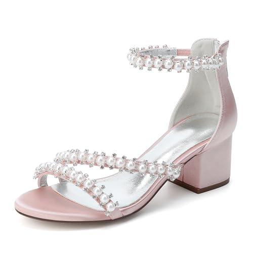 Damen Sandaletten mit Perle Blockabsatz und Offene Zehen Sommerschuhe Sandalen für Hochzeit Oder Abend,Dusty Rose,39 EU von JMdfcqer