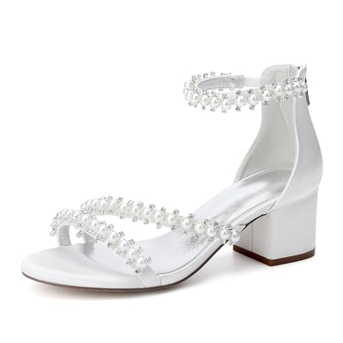 Damen Sandaletten mit Perle Blockabsatz und Offene Zehen Sommerschuhe Sandalen für Hochzeit Oder Abend,Elfenbein,42 EU von JMdfcqer