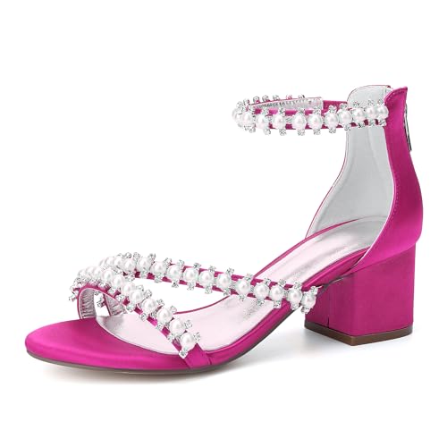 Damen Sandaletten mit Perle Blockabsatz und Offene Zehen Sommerschuhe Sandalen für Hochzeit Oder Abend,Fuchsia,37 EU von JMdfcqer