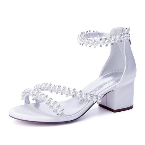 Damen Sandaletten mit Perle Blockabsatz und Offene Zehen Sommerschuhe Sandalen für Hochzeit Oder Abend,Weiß,42 EU von JMdfcqer